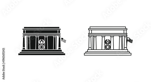 Government building vector icons with flag and columns, neoclassical courthouse or museum architecture, black and white municipal office symbols