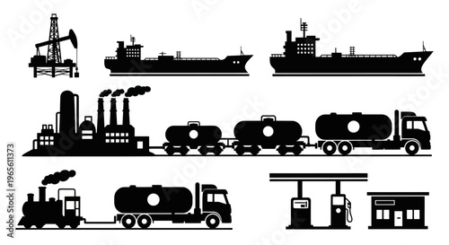 Black and white icons of oil and gas industry transportation and infrastructure