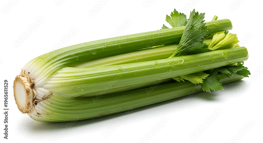 Obraz premium A bunch of fresh green celery stalks on a white background