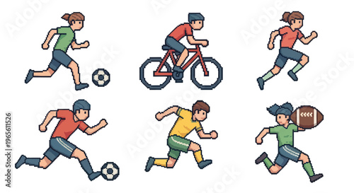 Pixel Art Sports Characters Running, Cycling, Soccer, Football