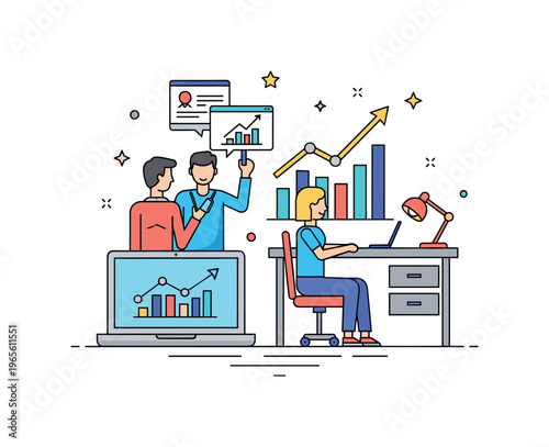 Hybrid productivity boost concept featuring a laptop, office desk, and upward graph conveying efficiency, performance, and modern work trends. Minimalist flat