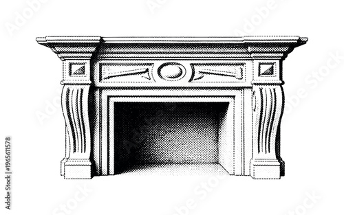 A classic fireplace mantel with a small vase of flowers placed on top, ?home? subtly engraved on the mantel edge, black and white halftone illustration, strong