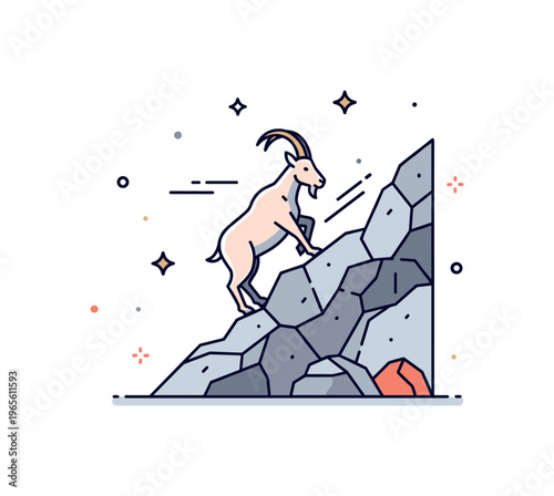 Rocky terrain wildlife scene featuring a mountain goat climbing a steep slope with subtle motion lines expressing agility, strength, and adaptation. Minimalist