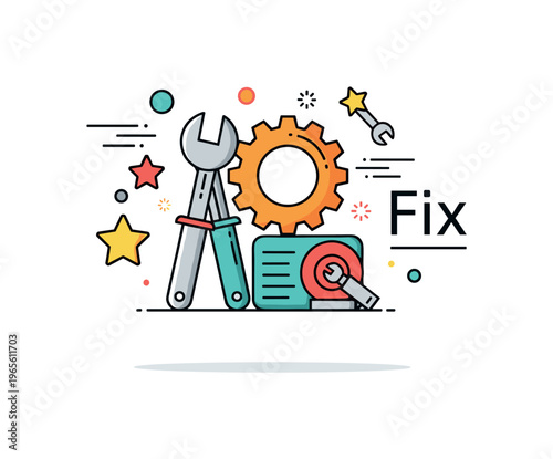 Workshop fixing badge with tools, gear icon, and subtle ?Fix? label conveying maintenance, repair, and functionality. Minimalist flat vector illustration,