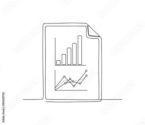 Big Data Reporting Concept. Minimalistic one-line drawing document outline with embedded bar chart and line graph, continuous single black line on white