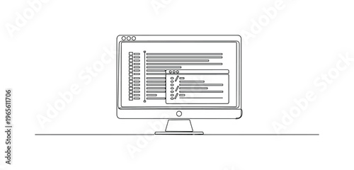 Software Development Concept. Minimalistic one-line drawing monitor with simple code editor window and layered code lines, continuous single black line on