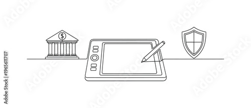 Secure Transaction Scene. Minimalistic one-line drawing tablet with bank icon and shield outline beside, continuous single black line on white background,