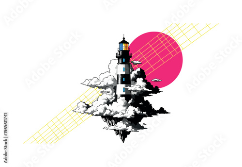 surreal lighthouse emerging through clouds like an island, large pink circle and diagonal grid lines in background, symbolic conceptual composition, high