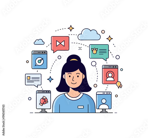 Women in digital innovation concept with a female figure surrounded by app icons and cloud elements expressing connectivity, technology, and impact. Minimalist