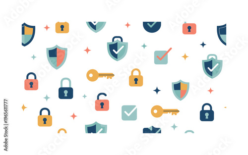 account security seamless pattern, repeating pattern, surface design, textile print, soft color palette, modern illustration, no shadows, flat lighting,