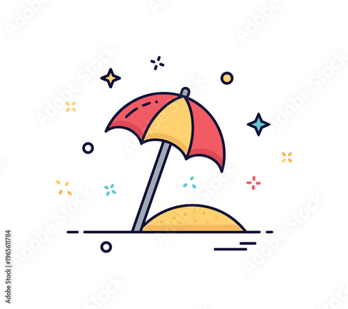 Beach day icon a compact composition of a beach umbrella and sand forming a balanced badge-like design. A clear and friendly symbol for vacation and
