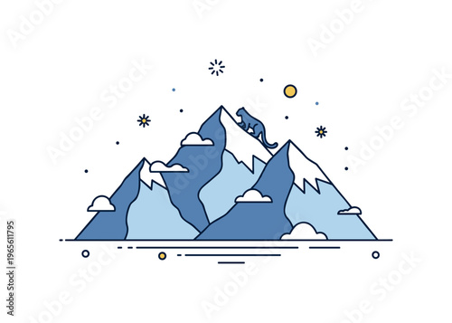High altitude animal habitat scene featuring a mountain ridge with a snow leopard silhouette and subtle snow accents conveying survival, strength,
