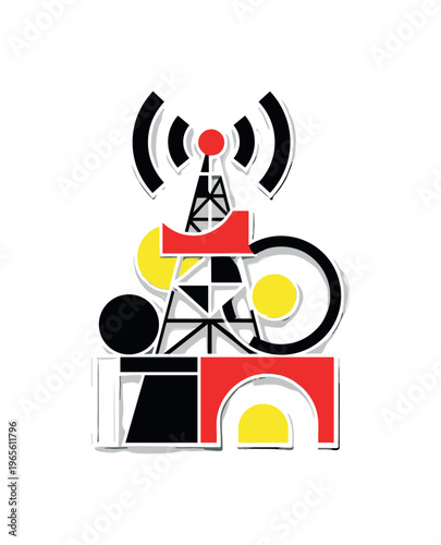 abstract broadcast system transforming into geometric forms, black and white devices morphing into circles and rectangles, structured composition with bold red