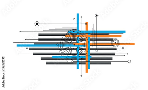 horizontal transmission wave bands with textured overlays, monochrome signal lines layered with blue and orange rectangular stripes and grain texture, circular