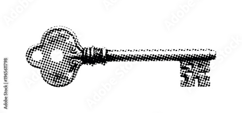 A ceremonial metal key with elongated form and refined vintage engraving details, shown alone with slight cropping, black and white halftone illustration,