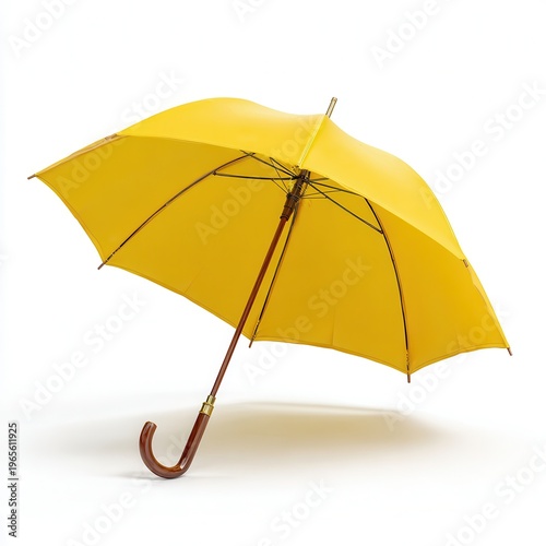 Yellow umbrella with wooden curved handle, open rain parasol isolated on white, minimal studio object for weather concept
