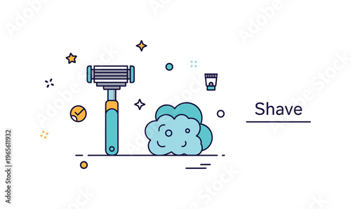 Shaving essentials badge with a razor, foam icon, and subtle ?Shave? label conveying grooming, freshness, and daily routine. Minimalist flat vector
