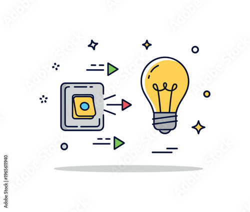 Simple light control scene with a switch, bulb, and small motion arrows expressing action, clarity, and household function. Minimalist flat vector