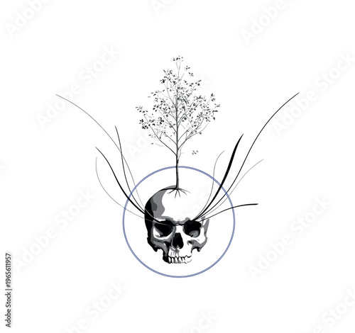 minimal skull enclosed in a blue circular frame with a tree growing from it, thin linear elements suggesting life and motion, high contrast black and white
