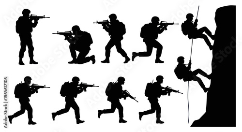 Silhouette Soldiers in Action: Military, Combat, Training, Climbing, Warfare