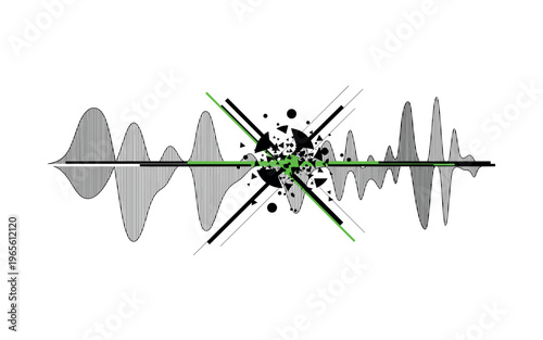 distorted frequency signal with geometric disruption, monochrome wave curves broken by triangles and circular fragments, glitch lines intersecting composition,