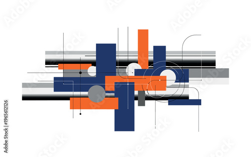 horizontal analog noise bands with layered geometry, monochrome static stripes layered with blue and orange rectangular forms, circular accents and structured