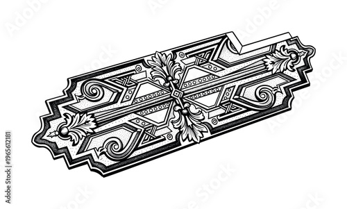 An old cabinet lock plate with engraved decorative borders hinting at a hidden compartment, partially cropped at the frame edge for dynamic composition, black