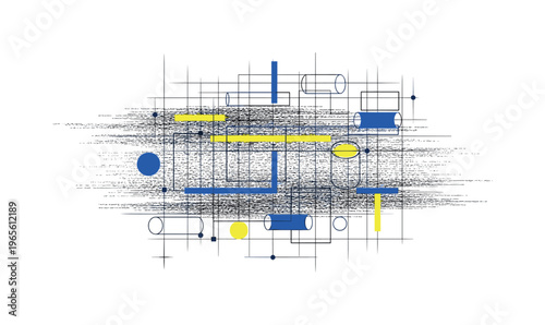 static noise field with structured geometric layers, black and white grain pattern paired with grid lines and floating rectangles, cylinders and circles