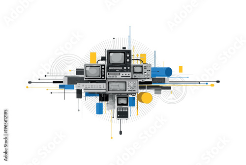 retro electronics with modern geometric composition, black and white vintage radio and cassette cut-outs with white outline, clean geometric shapes like