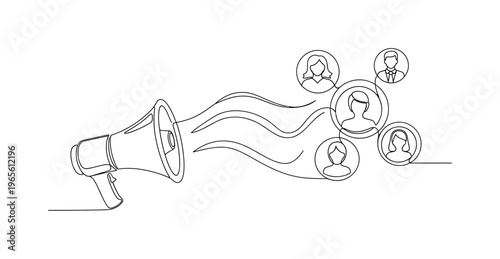 Brand Awareness Campaign. Minimalistic one-line drawing megaphone projecting smooth curved lines toward user profile icons, continuous single black line on