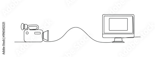Creative Video Blogging. Minimalistic one-line drawing camera connected by curved line to simple editing screen outline, continuous single black line on white