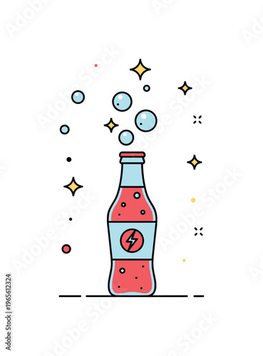 Soda pop refreshment concept with a fizzy bottle and rising bubbles with small sparkle accents conveying freshness, energy, and sweet carbonation. Minimalist