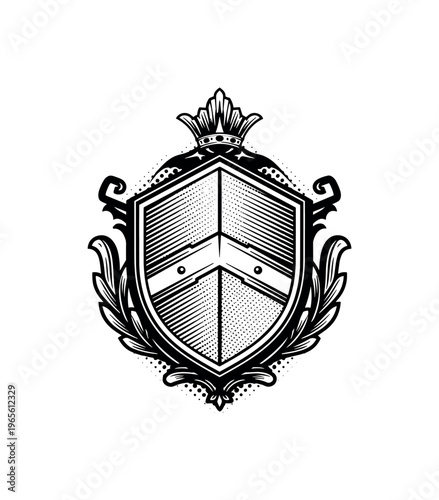 A stylized insignia with minimal classical ornamentation and precise engraved detailing, presented centrally with clean negative space, black and white