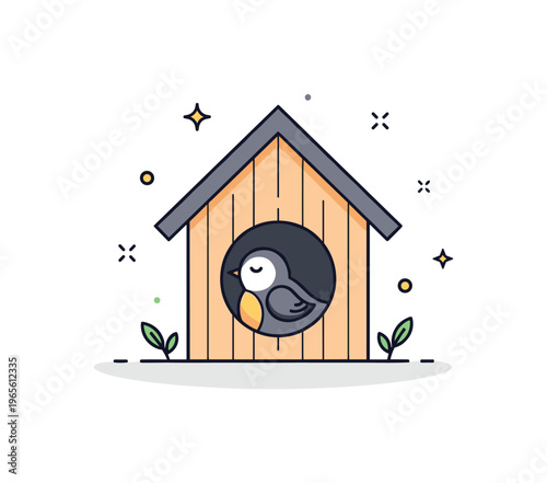 Cute bird shelter a tiny bird resting inside a birdhouse with soft shadow grounding and subtle decorative sparkles. The scene expresses safety and gentle