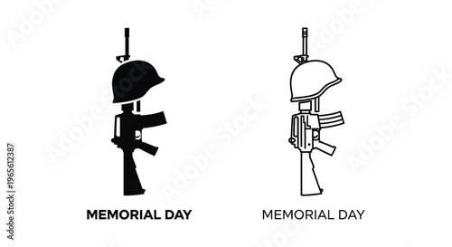 Memorial Day fallen soldier battlefield cross vector, military helmet on rifle silhouette icons, patriotic tribute symbols for veterans day