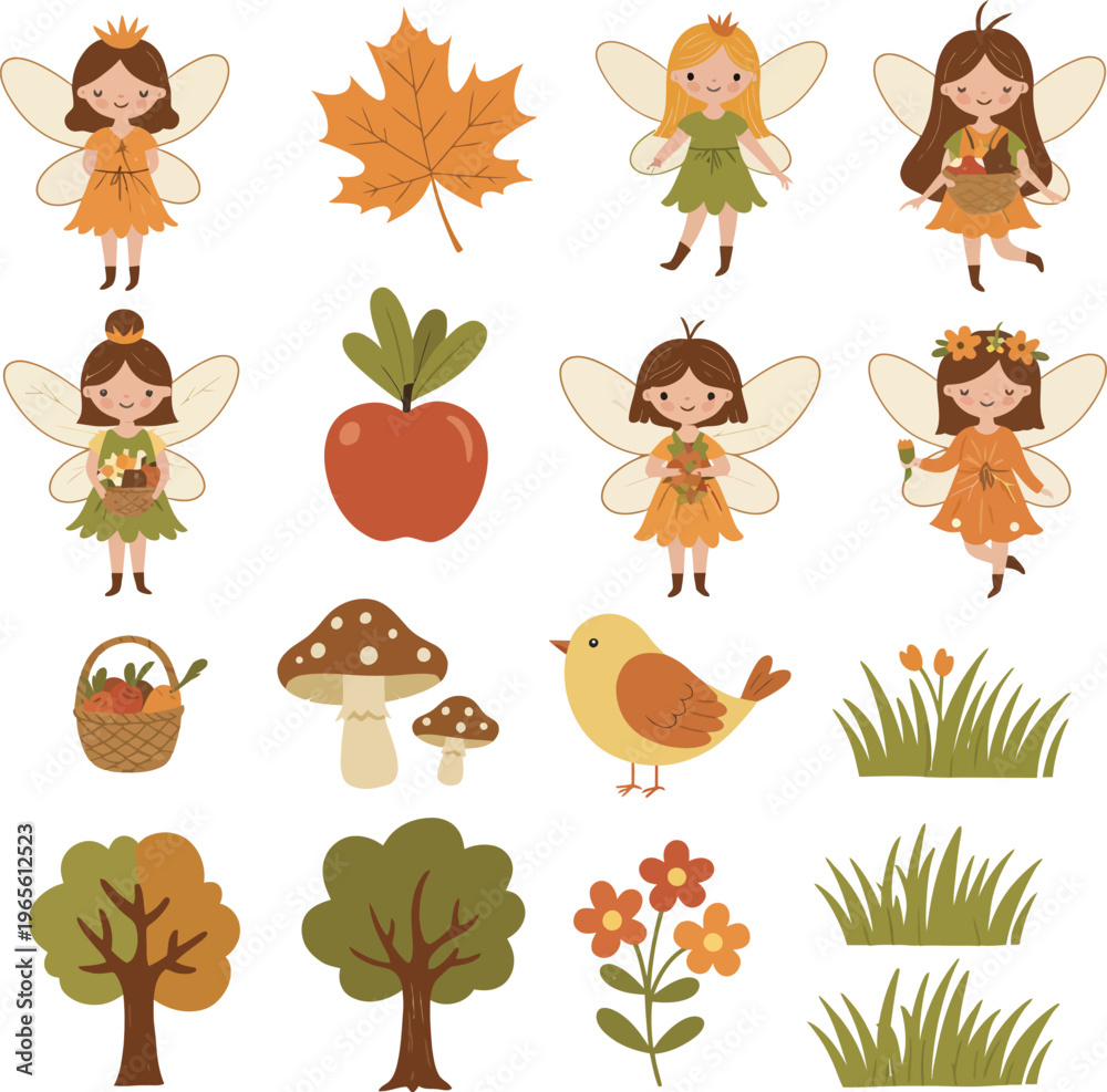 Obraz premium Autumn fairy tale characters and seasonal foliage illustrations