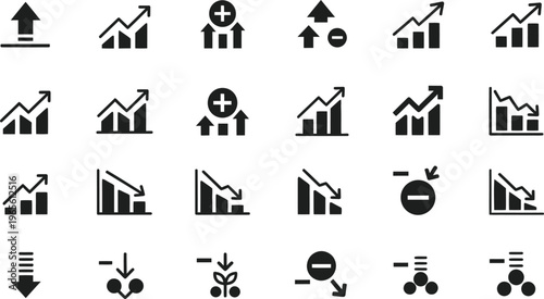 Business growth and finance icons: upward trends, downward trends, data analysis, upward trend, arrow up