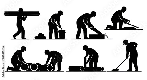 Construction workers silhouette, vector illustration, industry icons