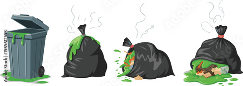 Cartoon illustration of overflowing garbage bags, trash bin, food waste, pollution, smell, environmental problem, waste management concept urban sanitation issue