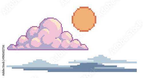 Pixel Art Sun and Pink Clouds, Digital Art, Retro Gaming Style