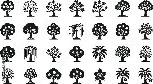 Collection of simple black tree icons and symbols for nature, growth, and seasons, tree line, tree types