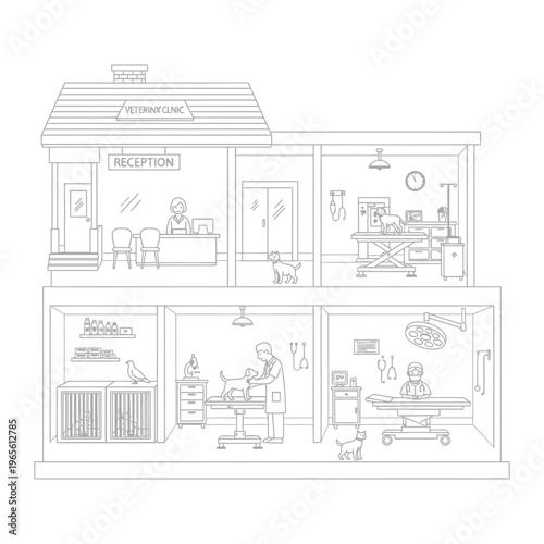 Veterinary clinic interior line illustration