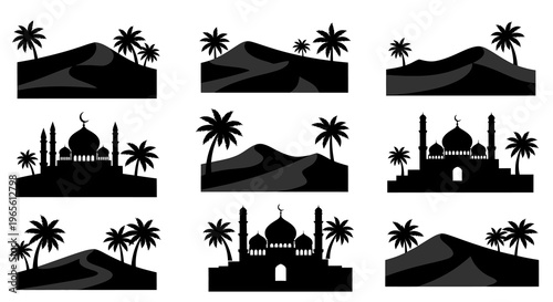 Islamic Desert Landscapes with Mosques and Palm Trees - Silhouette Art