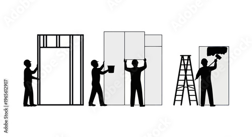 Construction workers building and painting walls, vector illustration