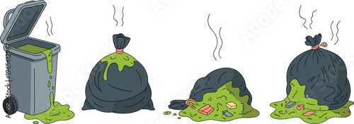 Garbage, trash, waste, bin, pollution, dirty, smell, rotten, bag, environment, hygiene, sanitation, disposal, landfill, contamination, illustration, vector, messy, unhealthy, cleanup