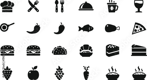 Food and drink icons: chef hat, utensils, coffee, pizza, burger, cake, fruit, coffee cup, pizza slice