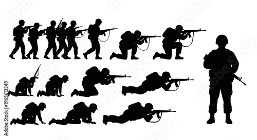 Military Soldiers Silhouettes Poses Infantry Combat Weapons Vector Art