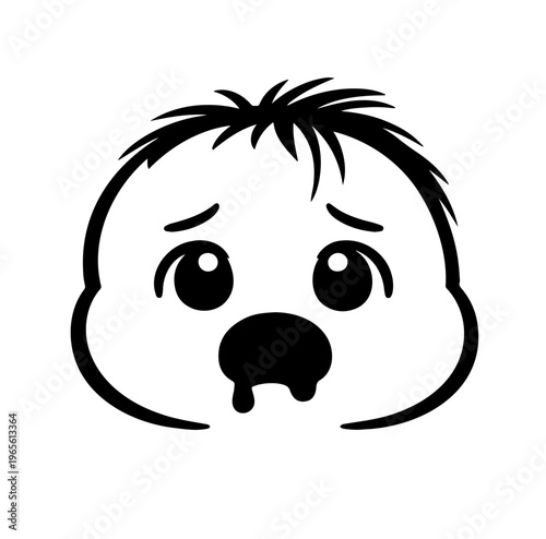 Crying Sick Baby with Runny Nose Icon, Child with Cold Symptoms, Cute Unwell Expression, Black and White