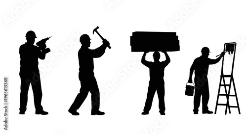 Construction workers silhouettes: drill, hammer, carrying load, painting