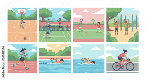 Flat illustration of people playing sports and exercising outdoors